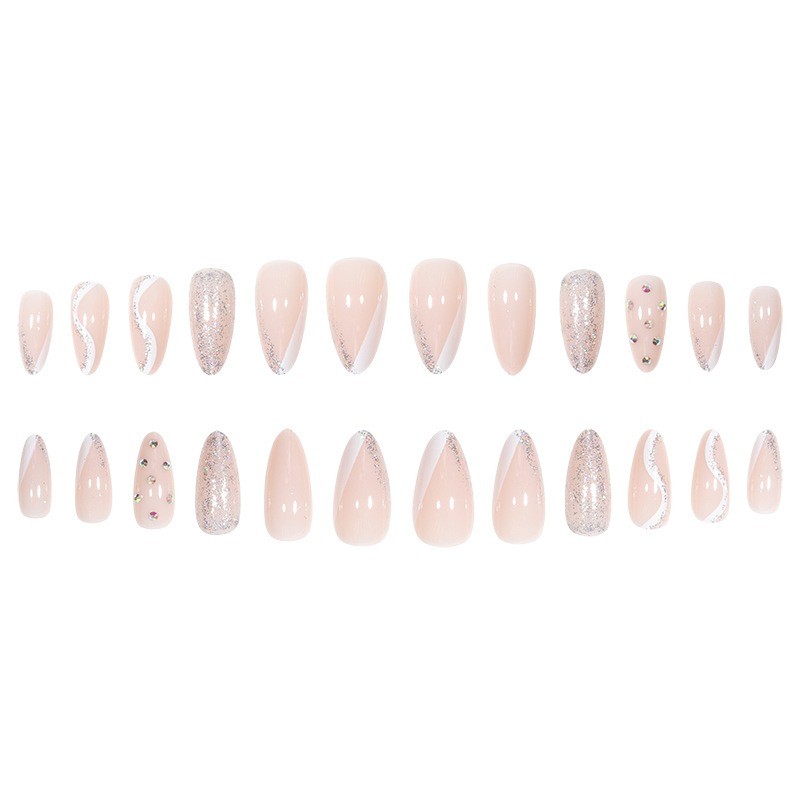 48pcs-Glossy Nude Almond Nail with Silver Glitter Tips, White Swirl and Crystals