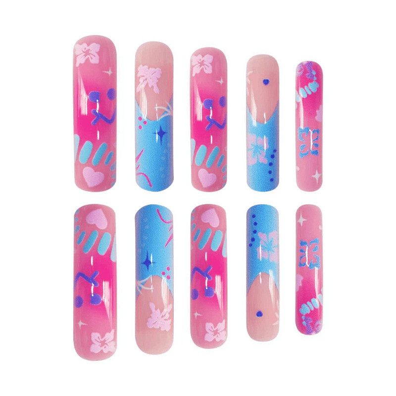 48pcs Y2K Blue Pink Hawaii Style Press on Nails, Sweet Cool Long Fake Nails