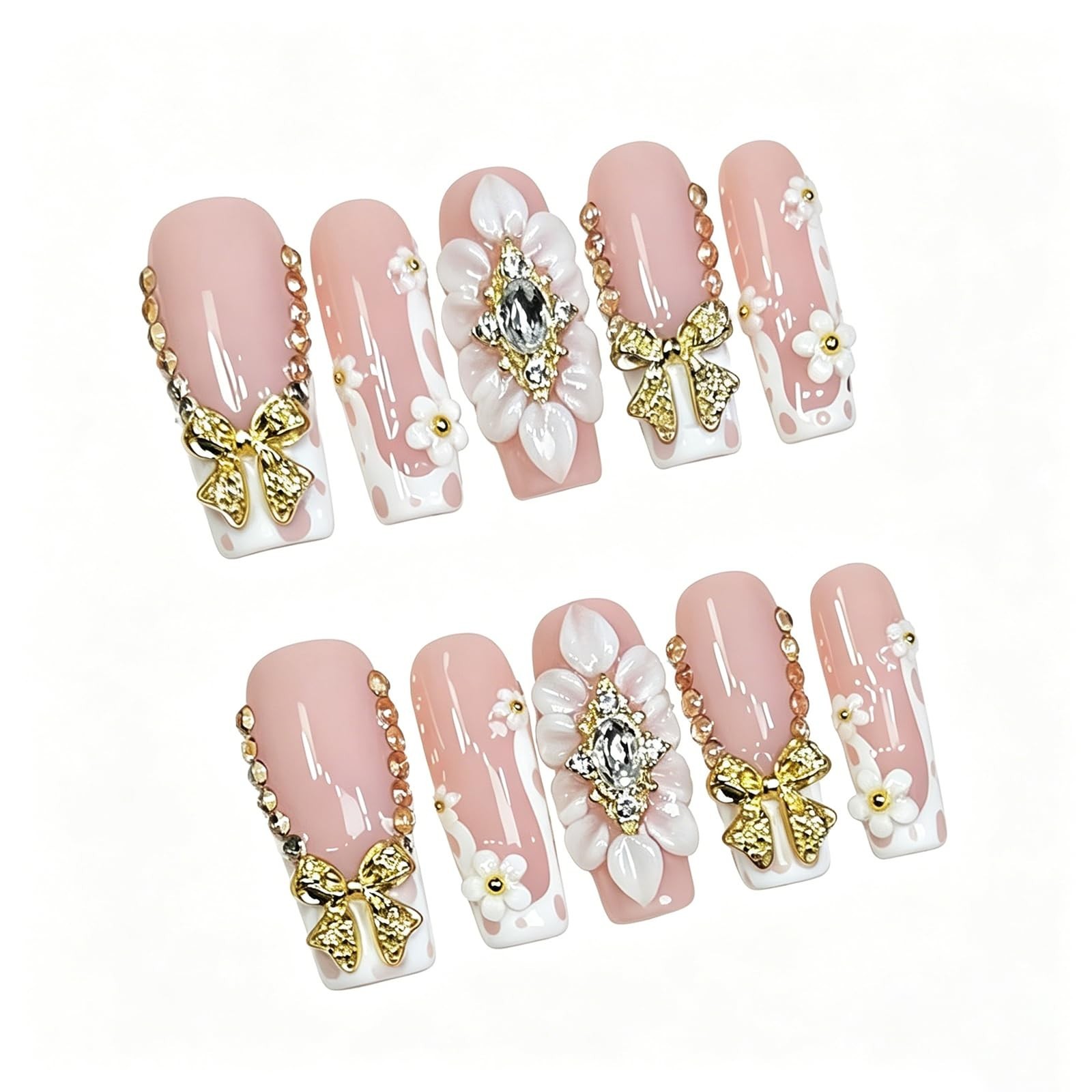 Luxury Long Square Press-On Nails – Gold Bow & 3D Flower Design, 10 Pack M