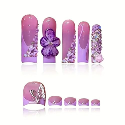 Long Press on Nails Square + Press on Toenail Purple French Tip Fake Style23