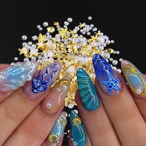 100Pcs Starfish Nail Charms and Gems Summer Ocean Style Nail Art Gold Silver-4