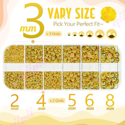 qiipii 2mm-8mm ﻿Gold Flatback Pearls Nail Charms and Gems Half Pearls Golden