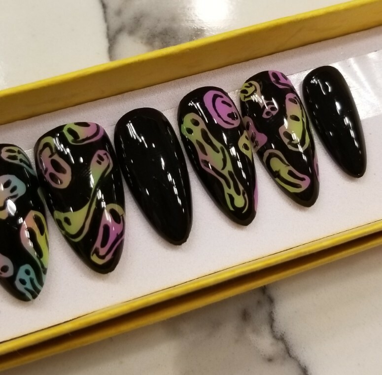 Custom Press On Nails Black Distorted Smileys Rainbow Ombre Trippy Almond