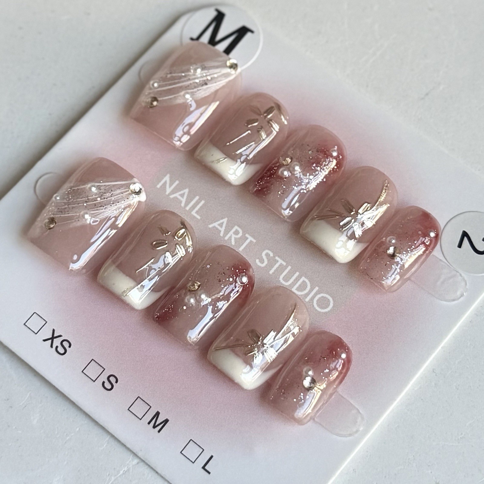 Handmade White French Tip Press-On Nails Short Square Size M Reusable Fake Nails