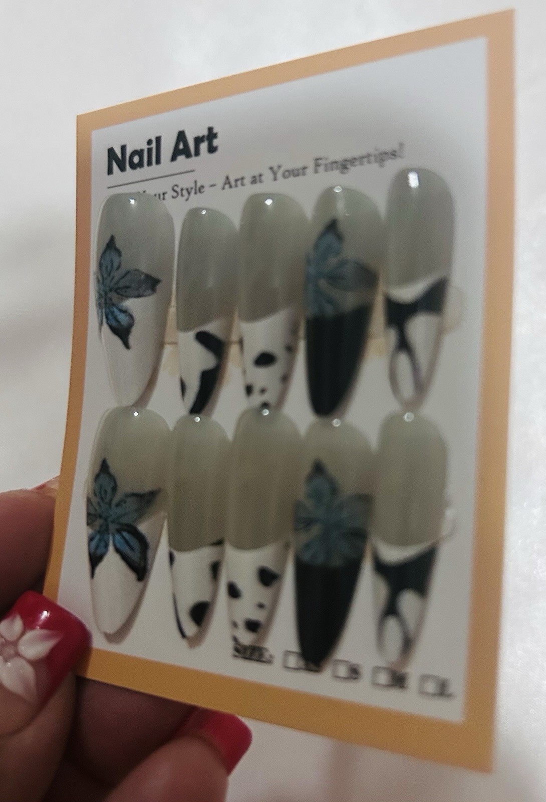 Shiny Gray White Black Blue Floral Press-On Nails Almond Extra Long Full Cover
