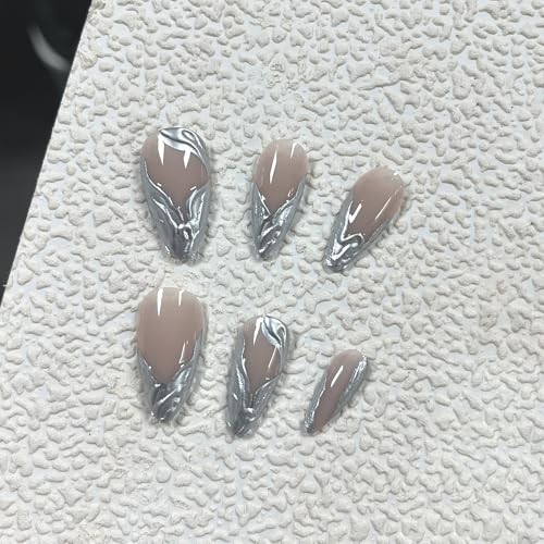 Medium Press on Nails Almond Fake Nails 3D Sliver French Tip Glue 36A04Sliver
