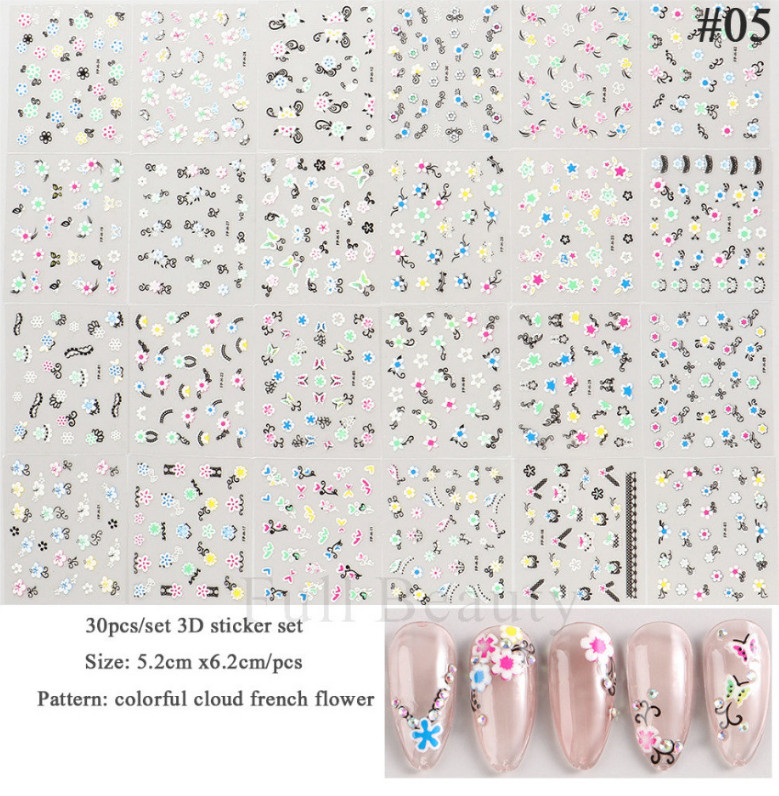 30 Sheets Colorful Cloud French Flower Nail Art Sticker Decoration Manicure DIY