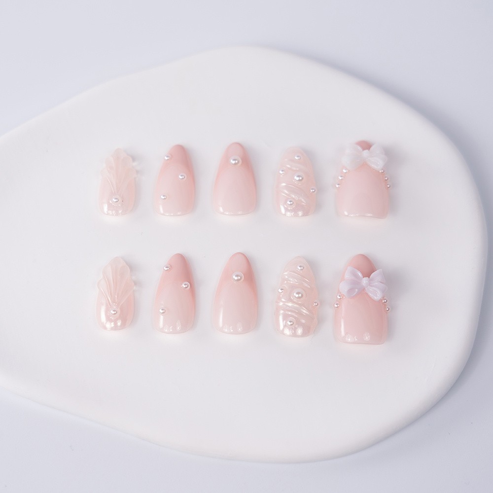 Handmade High Quality Almond Press On Nails Light Pink Pearl Bow Fake Nails S-L