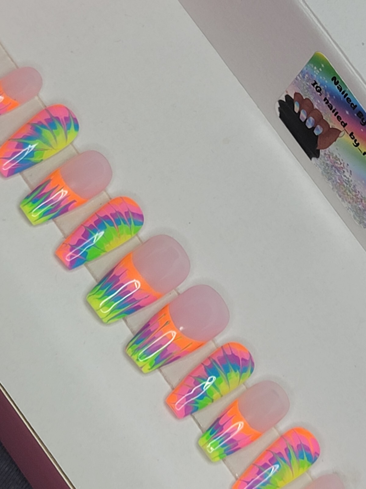Rainbow neon tie-dye press on nails short coffin French tip pride nails
