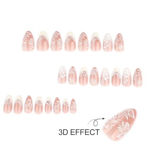 Flower Press on Nails Medium Almond Fake Nails Bridal Nails Press ons style32