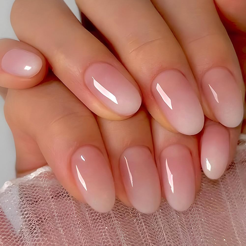 Almond Press on Nails Short Squoval Fake Nails Pink Ombre White False Nails with