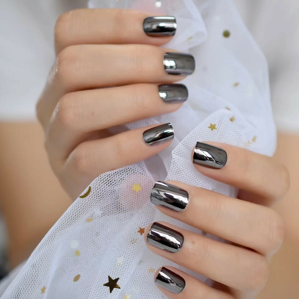 Gunmetal Gray Chrome Press On Nails Short Mirror Silver Dark