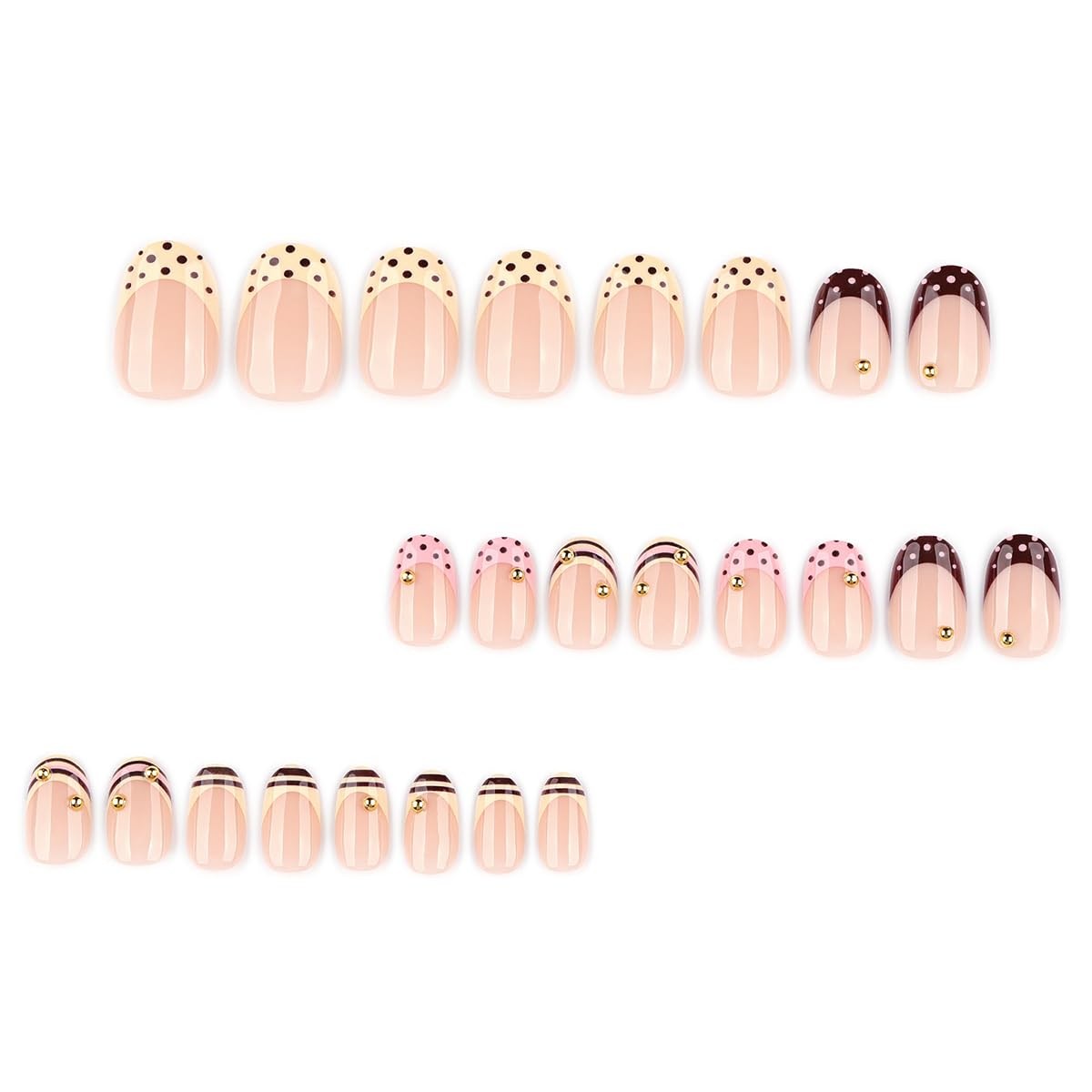 24Pcs French Tip Press On Nails Short Oval Fake Nails with Striped & Polka Do…