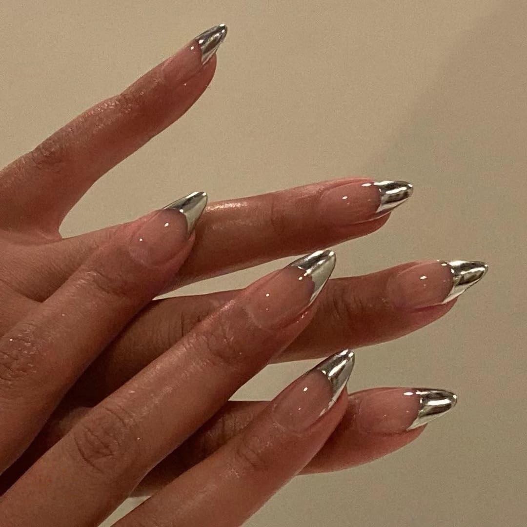 Sliver French Tip Press On Nails Almond – KQueenest Chrome Press On Nails Med…