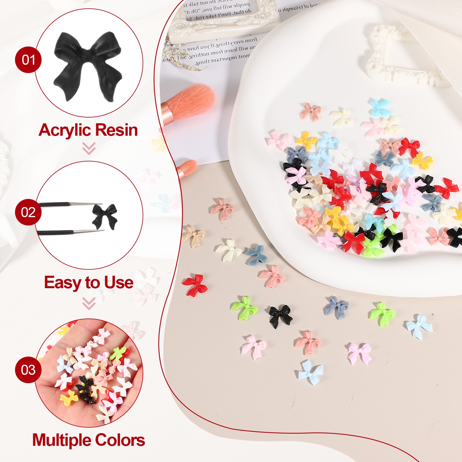 Nail Bows, 3D Flowers for Nails for DIY Manicure 100 Pcs Black
