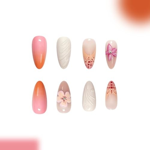 Summer Press on Nails Almond – Medium French Tip Fake Nails 3D Flower Style-17