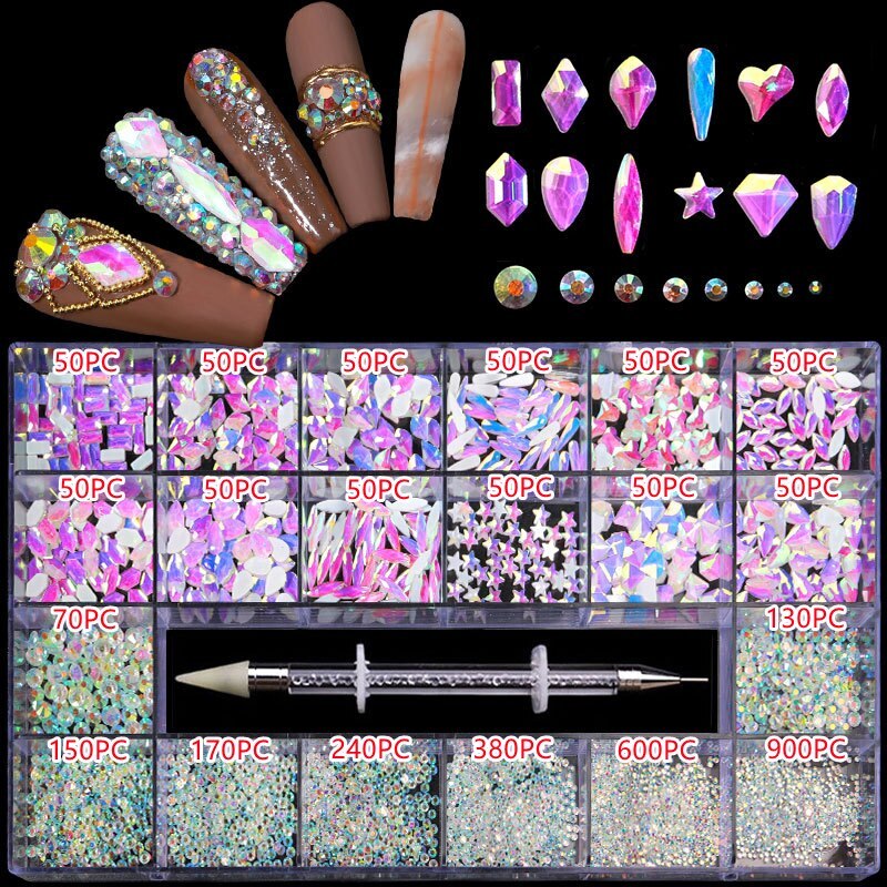 3100PCS/Boxed Luxury Rhinestone Nail Art Jewelry Set Glass Nail Crystals Box