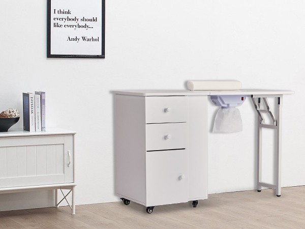 Foldable Manicure Table Nail Desk Station with Wrist Cushion & Lockable Wheels