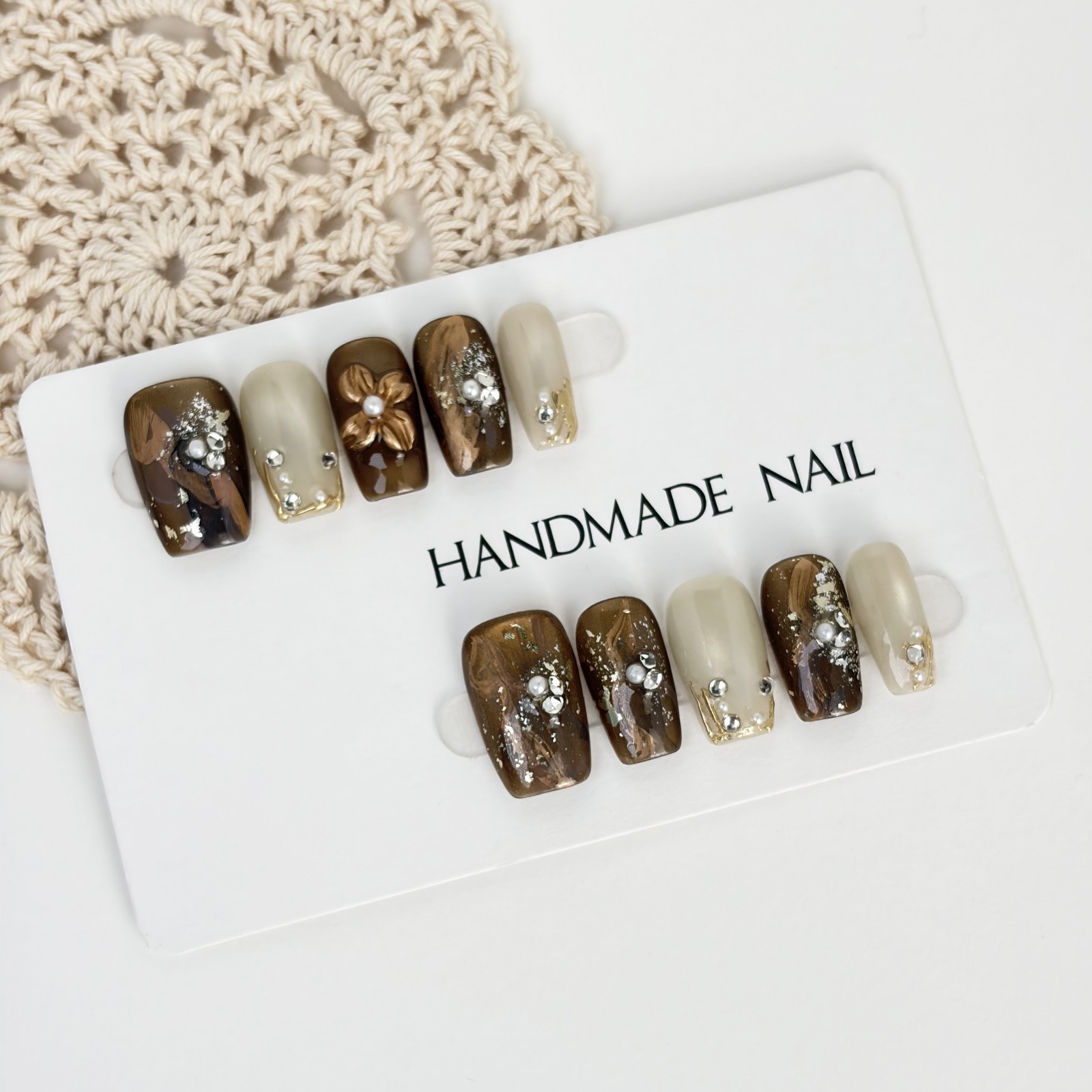 Vintage Gold Amber Press-On Nails with Pearl & Metal Flowers – Square Shape