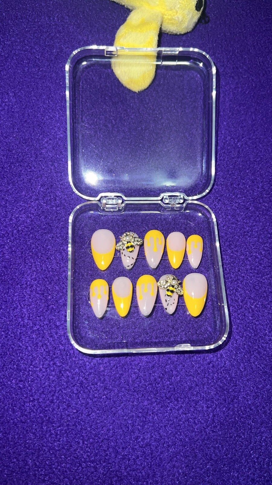 Honey Bee Charm and Honey Drip Medium Short Almond Hand Painted Press On Nails