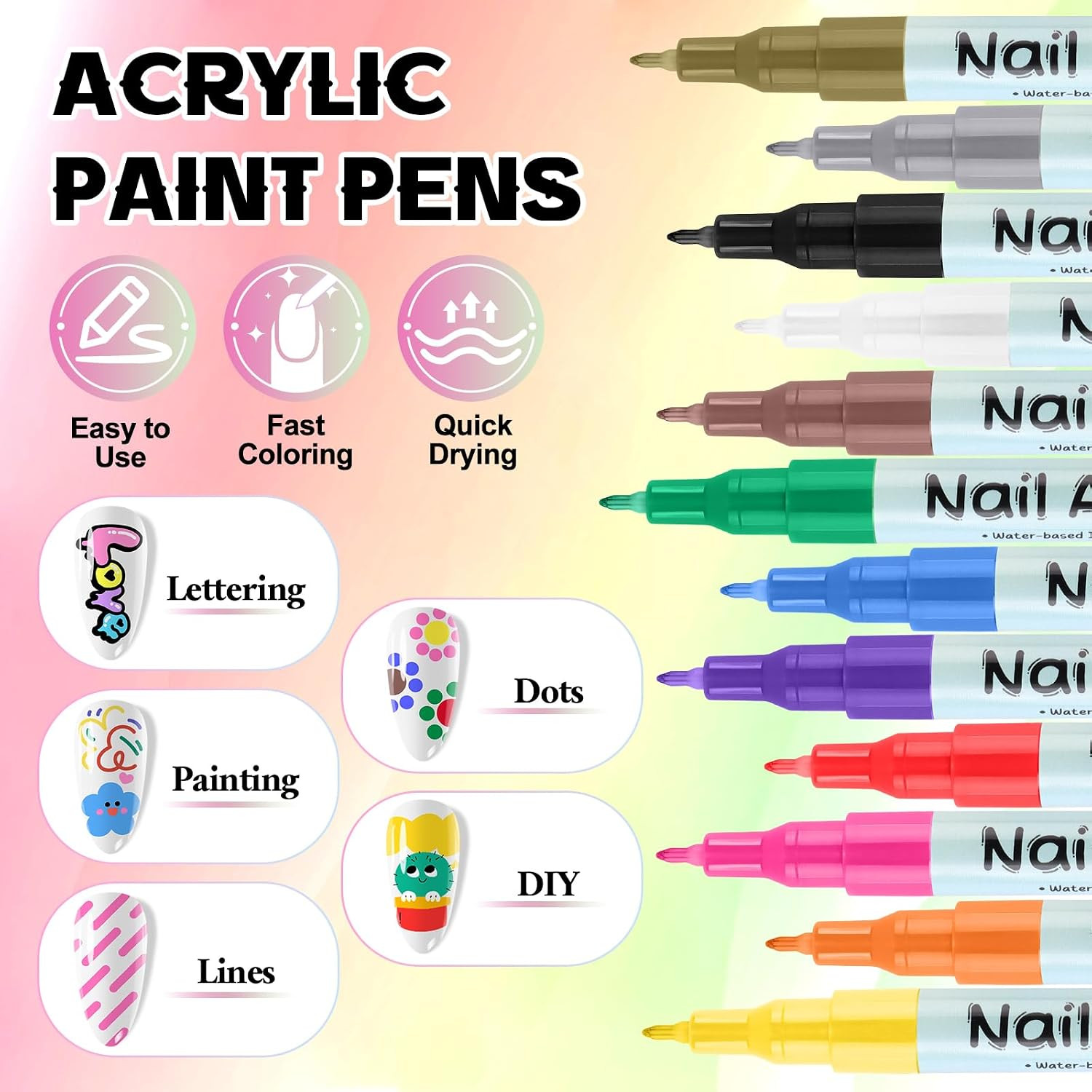 12 Color 3D Nail Art Pens Set, 0.5MM Fine Tip Nail Polish Pens Acrylic Paint Pen