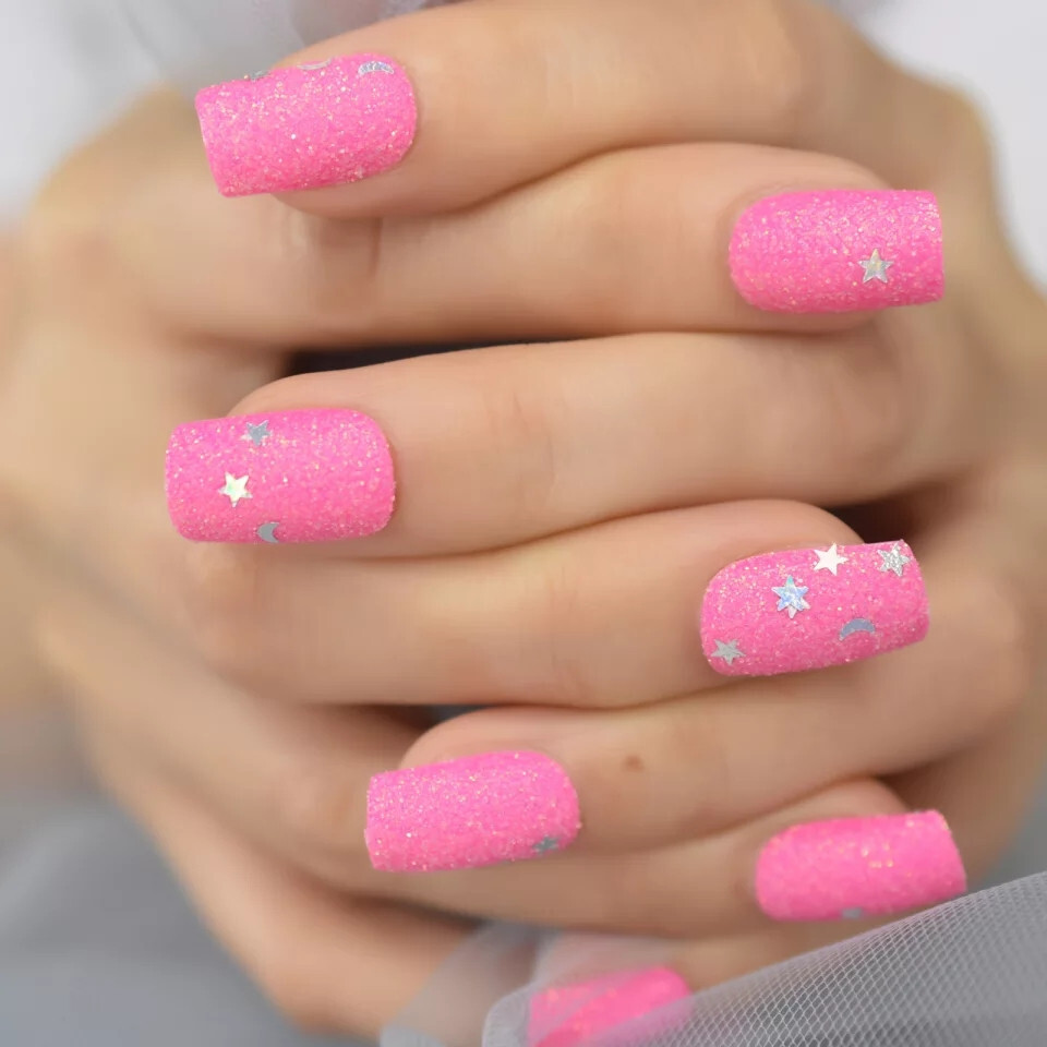24 Medium Press on Nails kit glue on hot pink glitter square kawaii