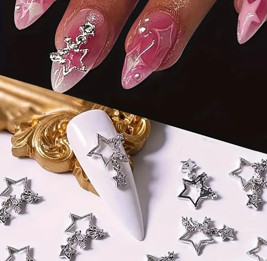 30 Pieces 3D Nail Art Charms Stars Frames Gems Silver Gold Cameo Hearts Bling