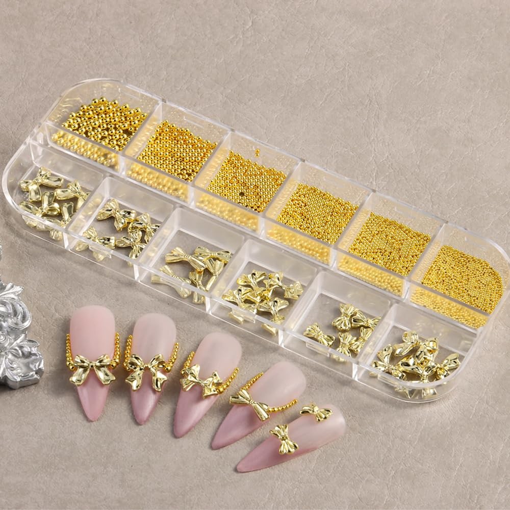 Golden Metal Bow Knot Steel Beads Nails Decoration Kit,3D Alloy Bow-Knot Gold…