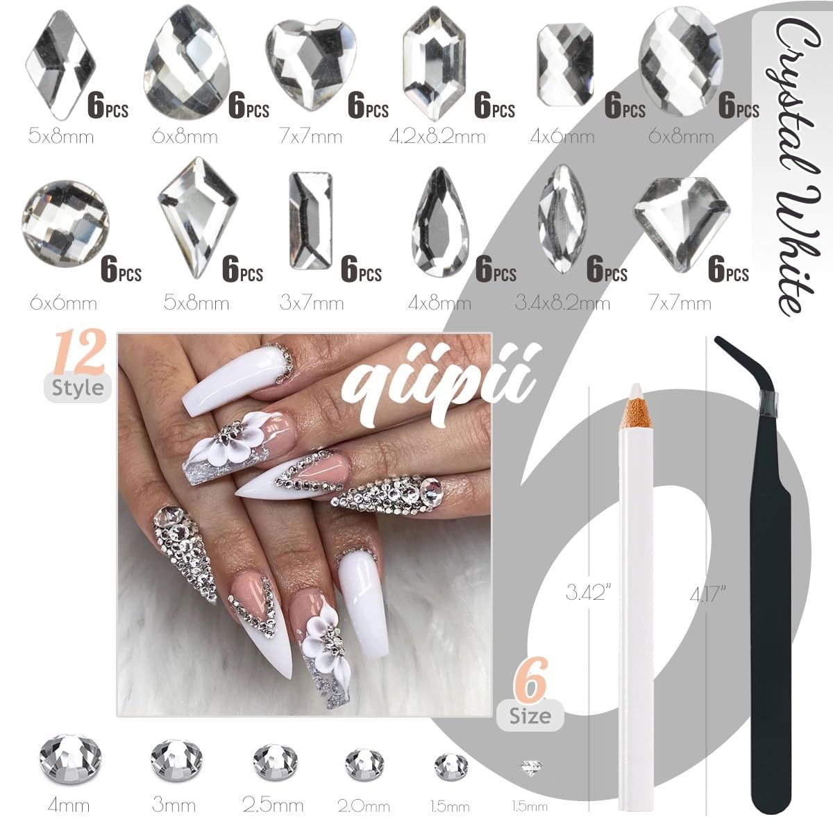 qiipii 2052 Crystal White Nail Art Rhinestones Silver Clear Nail Charms 72 Multi