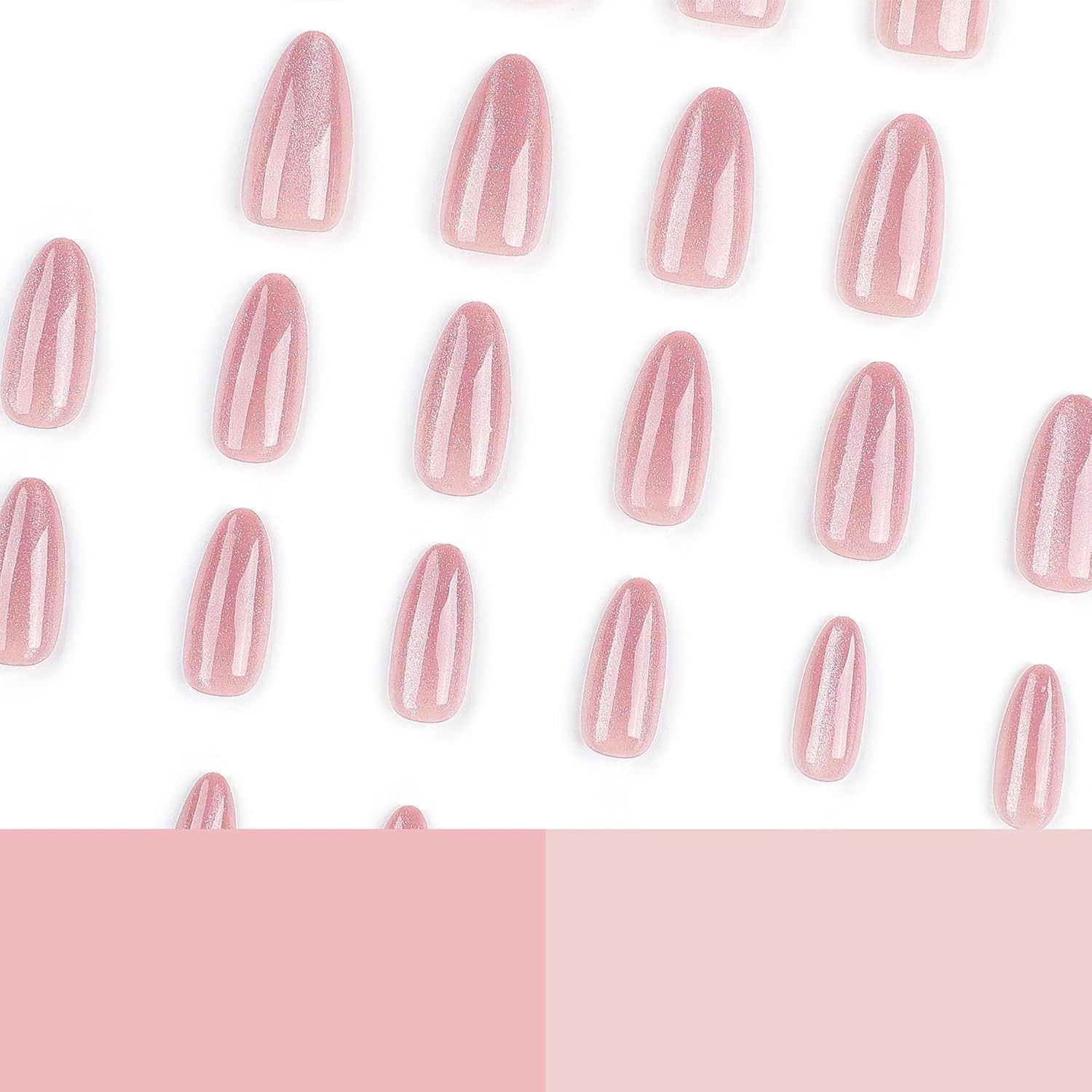 24 Medium Almond Glossy Pink Fake Nails with Glitter – Perfect for Any Occasion