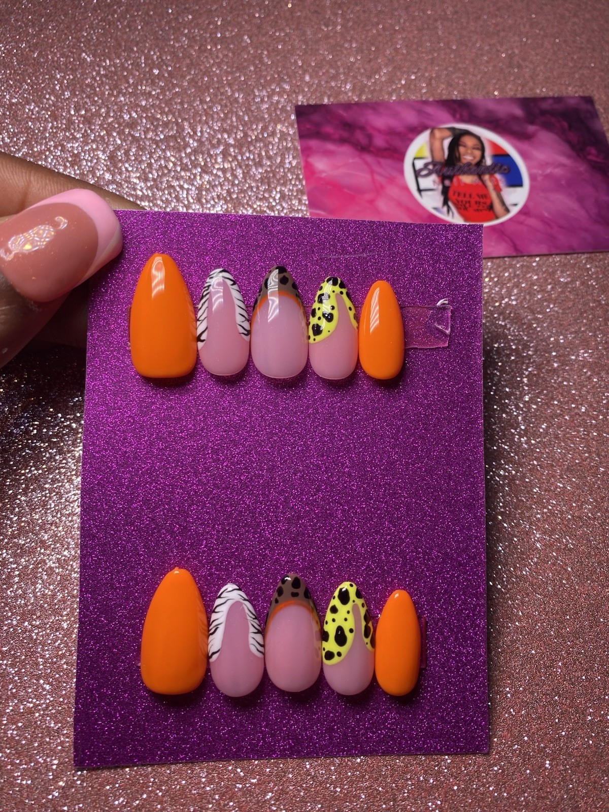 Authentic Nail Arts by Dia Almond Press-On Nails Orange Pink Animal Print Set
