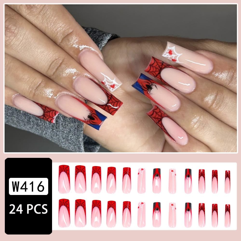 Halloween Press on Nails Long Black Spider Web 24 Fl Oz (Pack of 1), style1