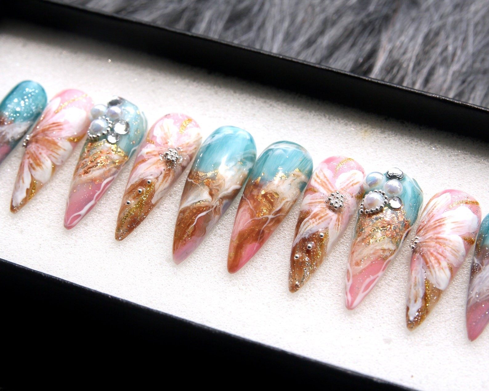 Handmade Teal Marble Floral Gold Foil Pearl Long Stiletto Press on Nails