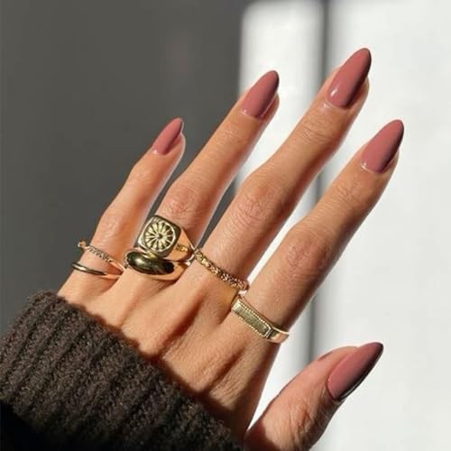 Brown Red Almond Press on Nails Medium Fake Nails Solid Color Glossy 04-Mauve