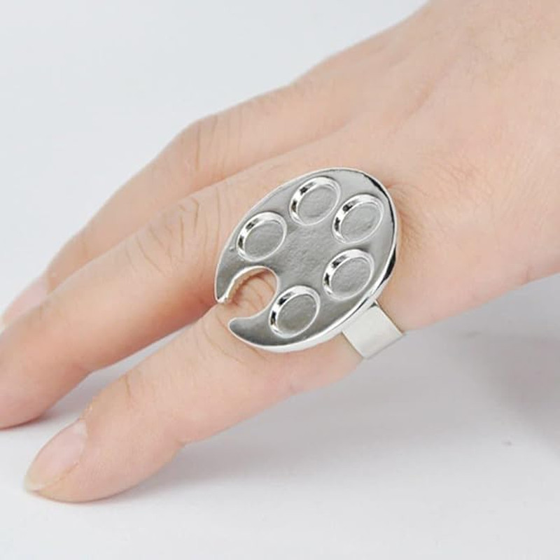 Silver Metal Mini Manicure Palette, Paint Palette Finger Rings, Wearable Metal N