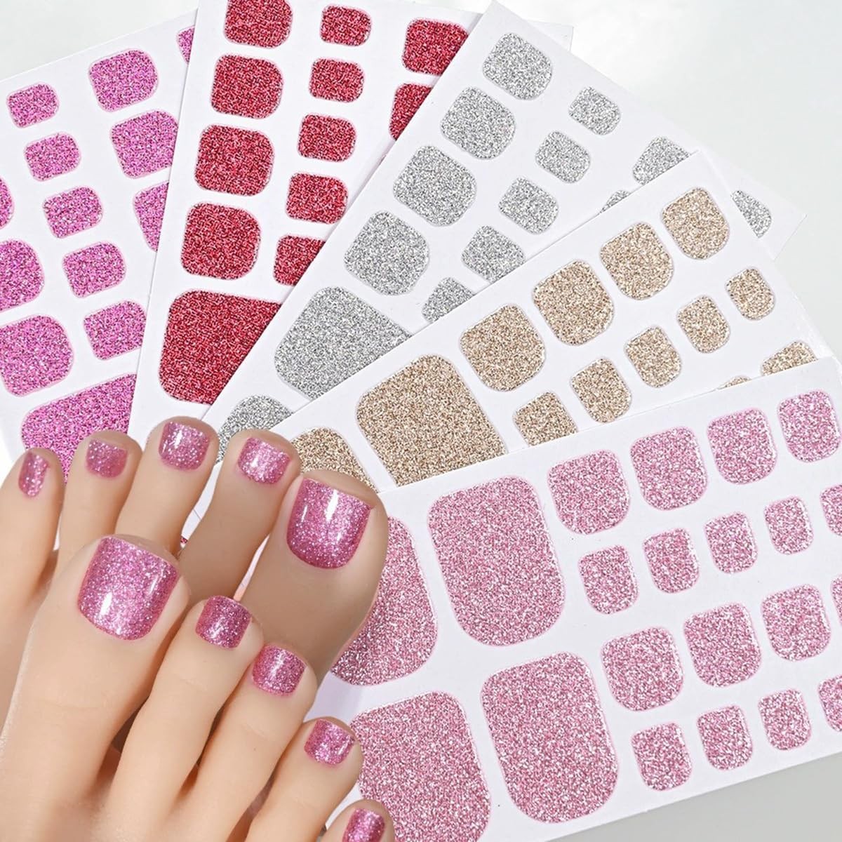 Pegatinas de uñas de gel para uñas completas, color plata, oro, rojo y rosa.