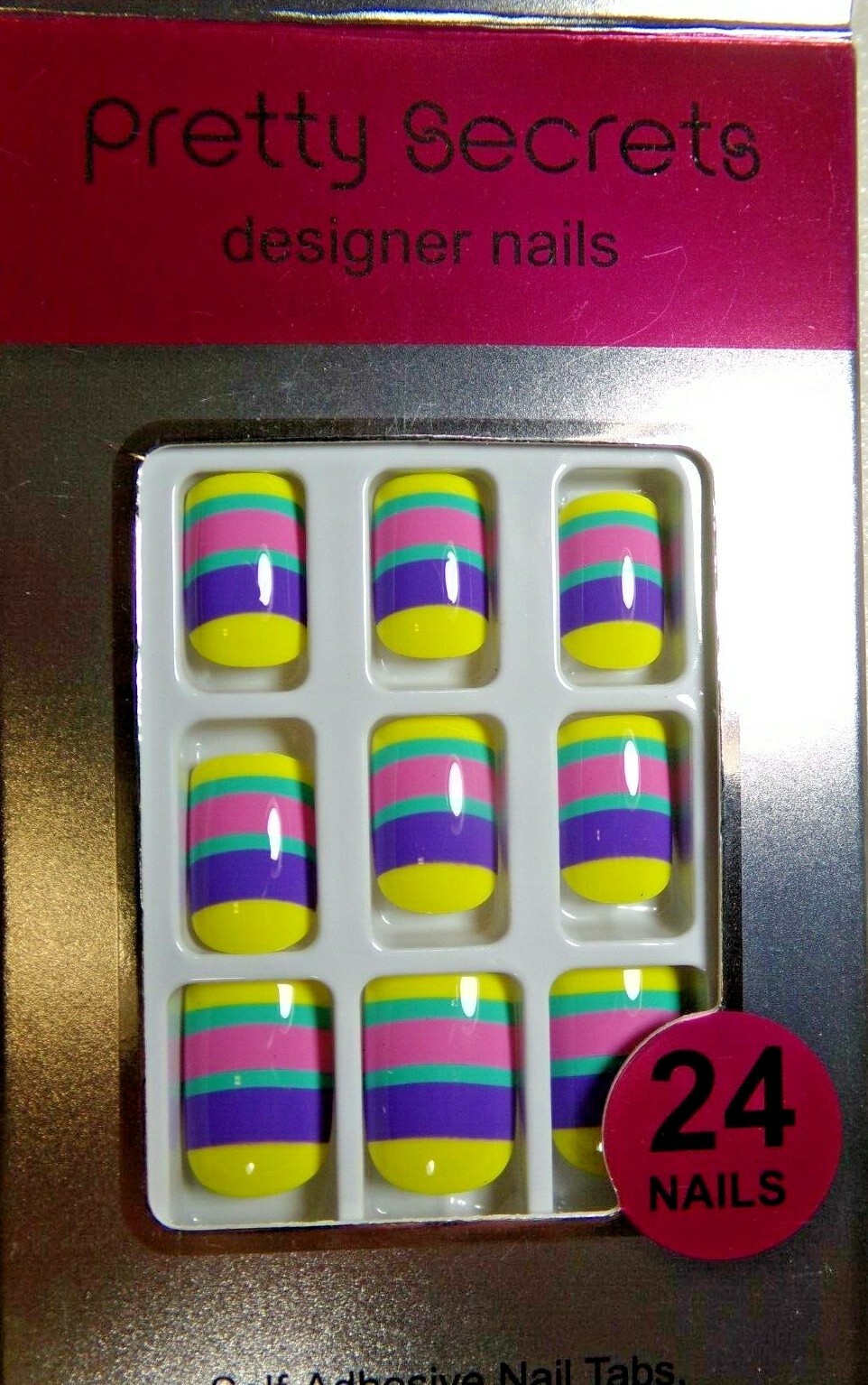 Pretty Secrets Nails Shiny Rainbow Yellow Pink Purple glue on Short