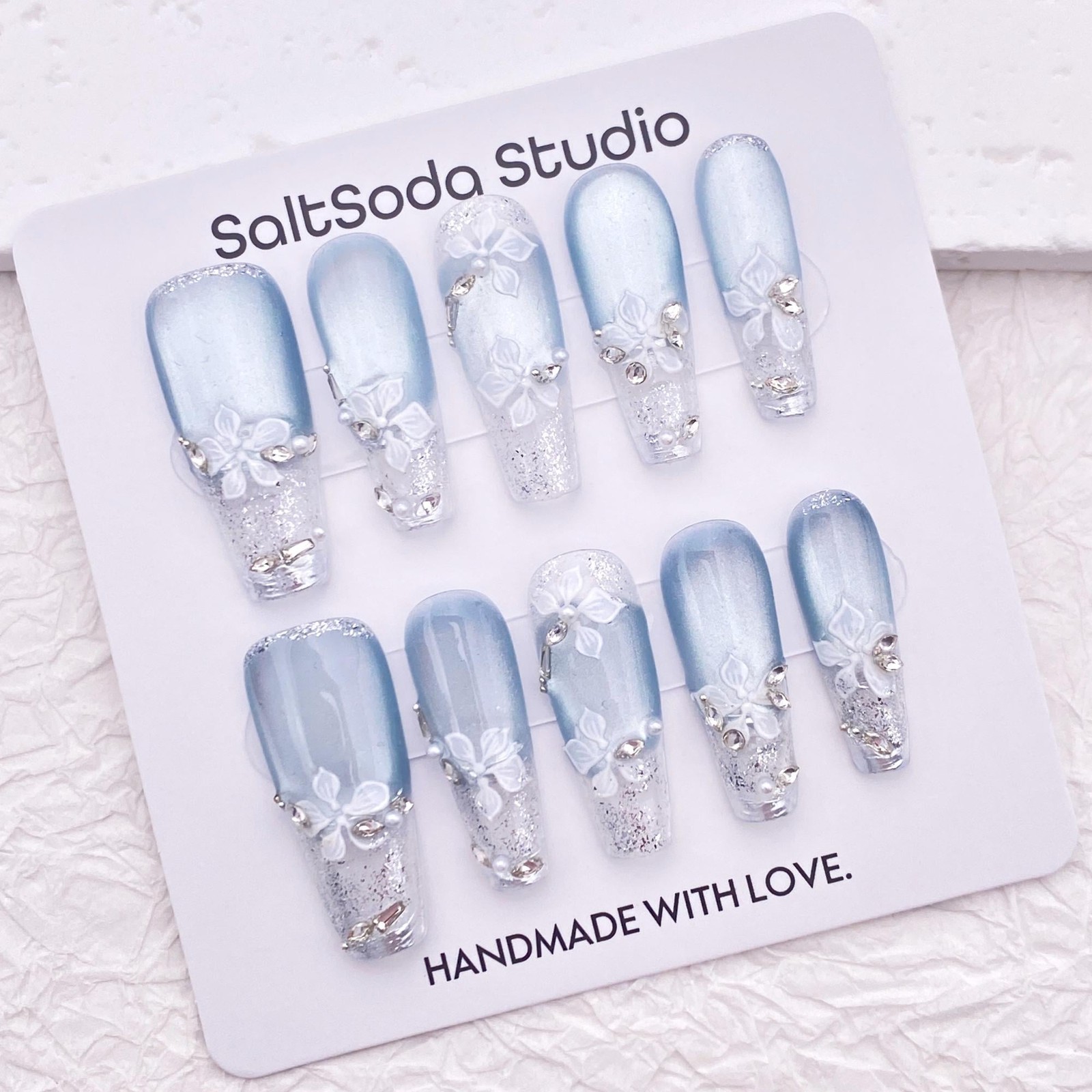Custom Pure Handmade Nails Ice Blue White Flower Pearl Silver Decor Manicure