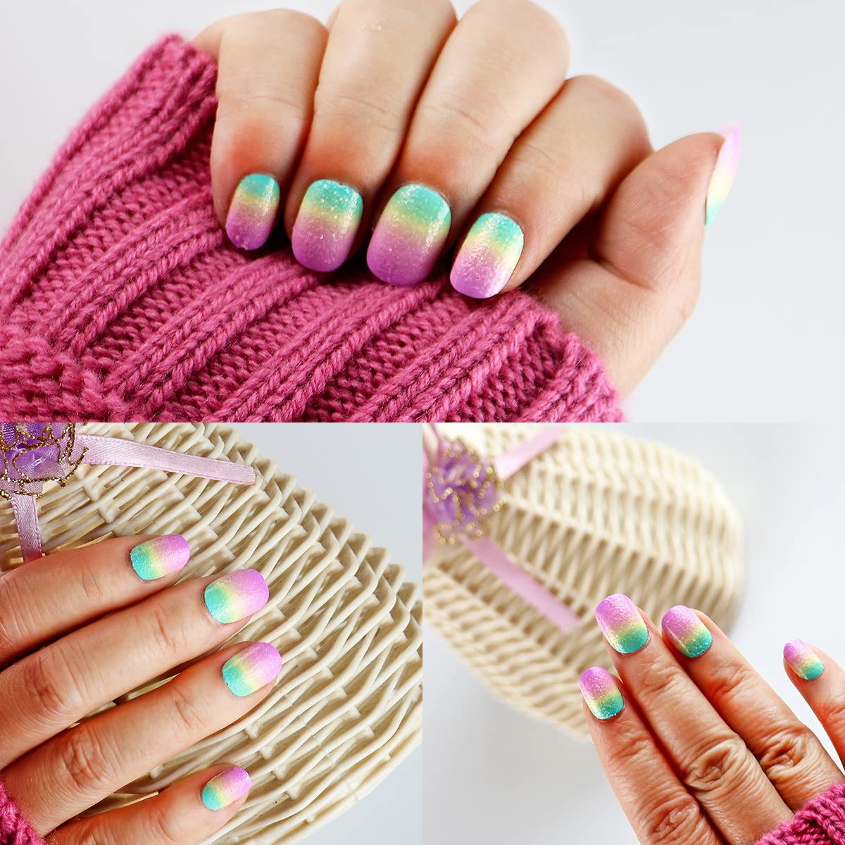 24 Pcs Rainbow Kids Press on Nails for Girls Short Oval | Sparkle Gradient Glitt