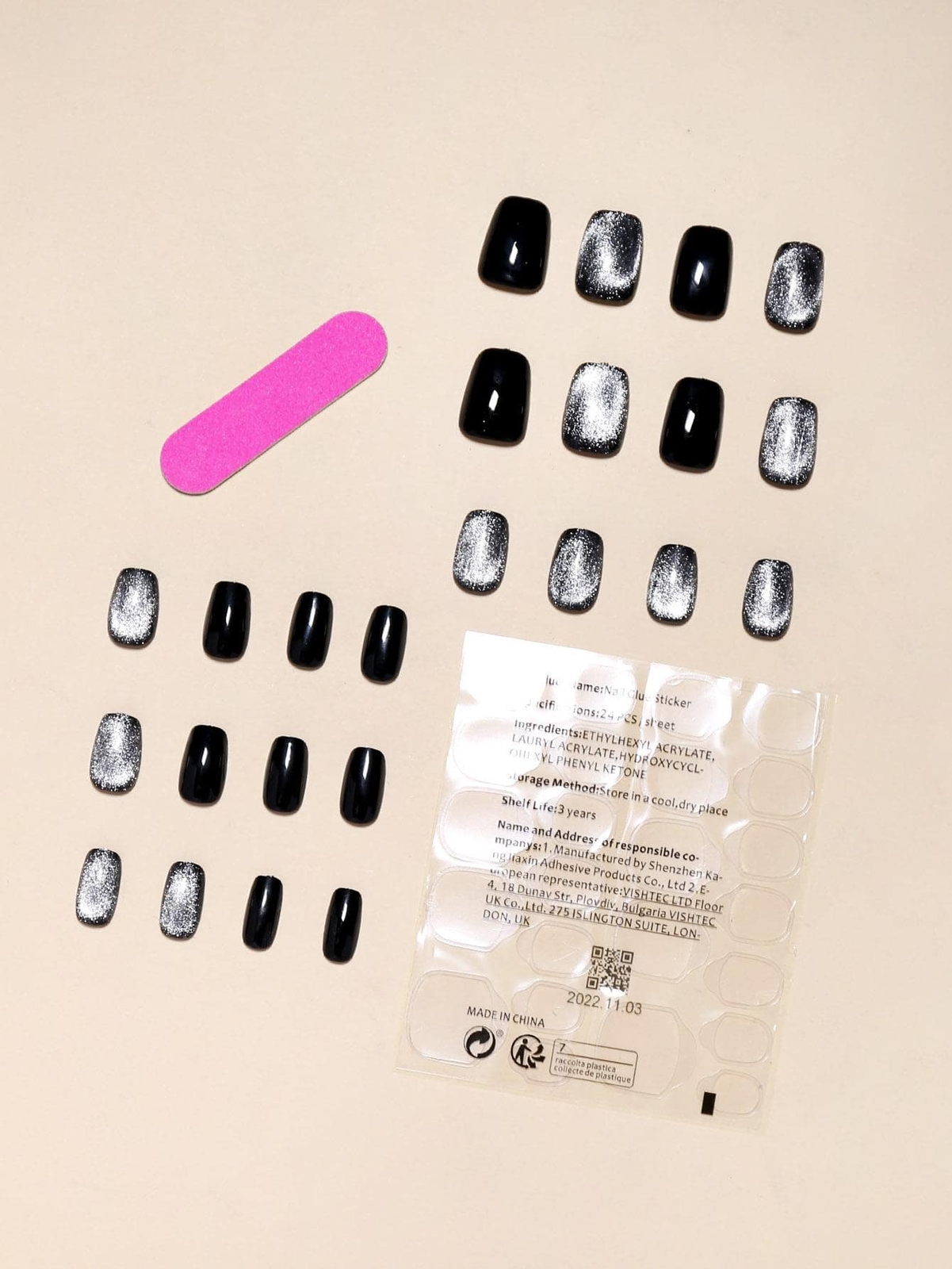 24pcs Short Square Glitter Black Glitter Cat Eye Fake Nail False Nails Press On