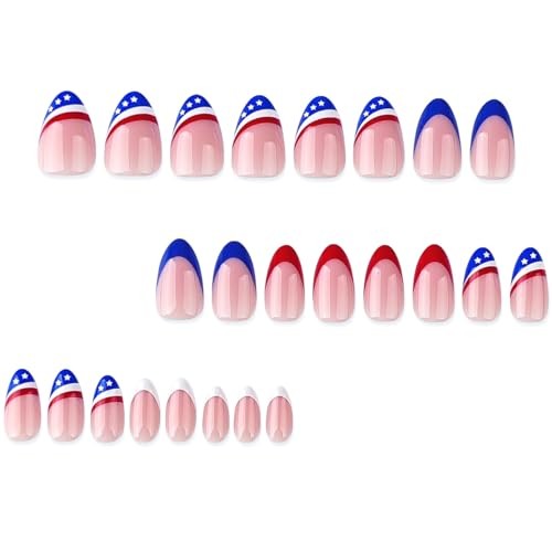4th of July Press On Nails Blue Red Almond 24Pcs