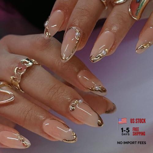 CTTHNBD Press on Nails Almond – French Tip Fake Nails with Gold Chrome Gold