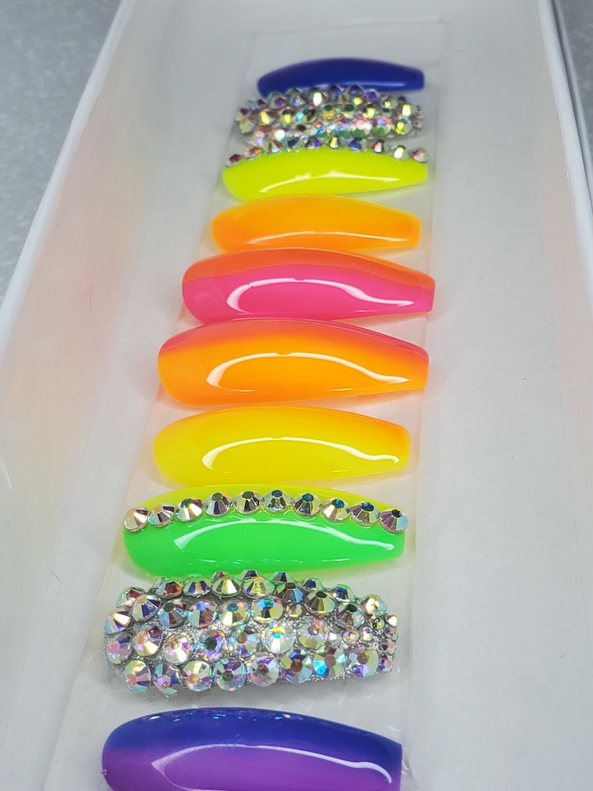 Neon Rainbow bling nails crystal pride set Press On nails diamond long coffin
