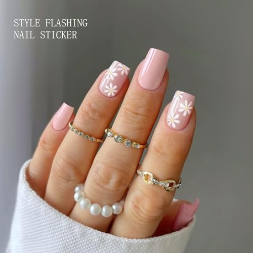 Gel Nail Stickers Flower Pink Semi Cured Gel Nail Strips Wraps UV/LED Nails