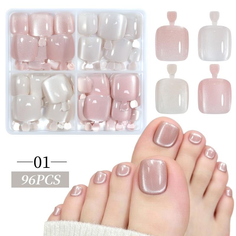 96Pcs/Box Cat’s Eye Fake Toenails French Design 4 Colors Short Square Press On