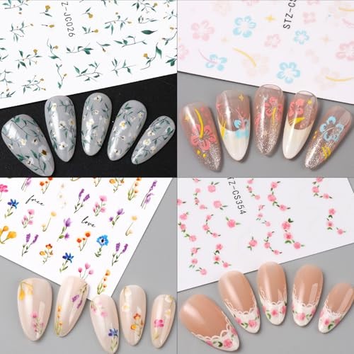 5pcs Flower Nail Stickers With Tweezers, Mini Jasmine Rose Hibiscus Wildflower