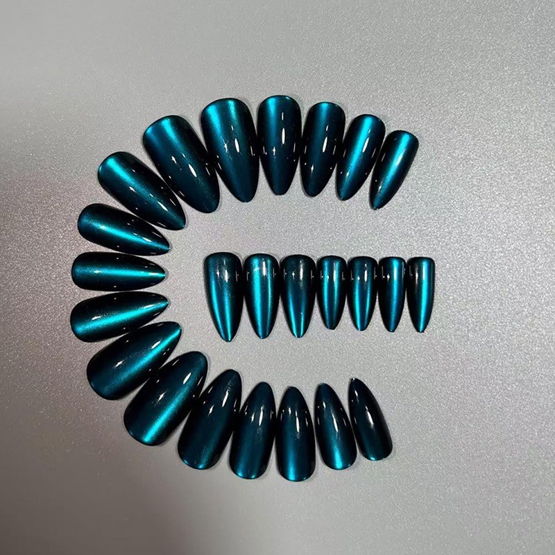 48PCS Medium Voltage Almond Fake Nail Lake Blue Flash Removable Nail Art