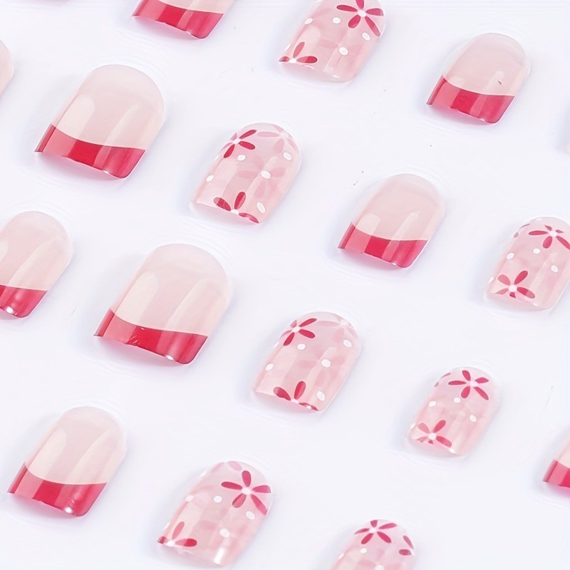 48 Pcs of Spring/summer Pink Flower Short Gloss Detachable and Reusable Nail Art