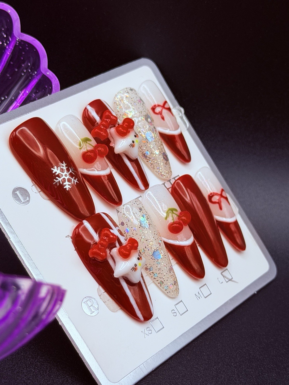 10 PCs Medium-Long Handmade Nails Red w/ Cherry & Star 3D Charms & Sparkle Sz LG
