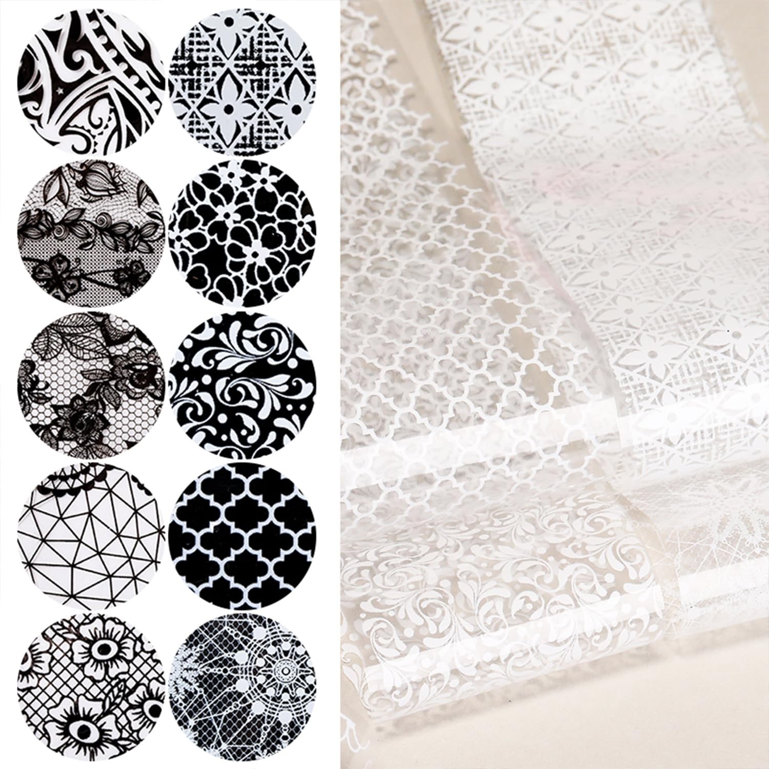 20 Rolls Lace Nail Foil White and Black Nail Transfer Foil Flower Nail Art Fo…